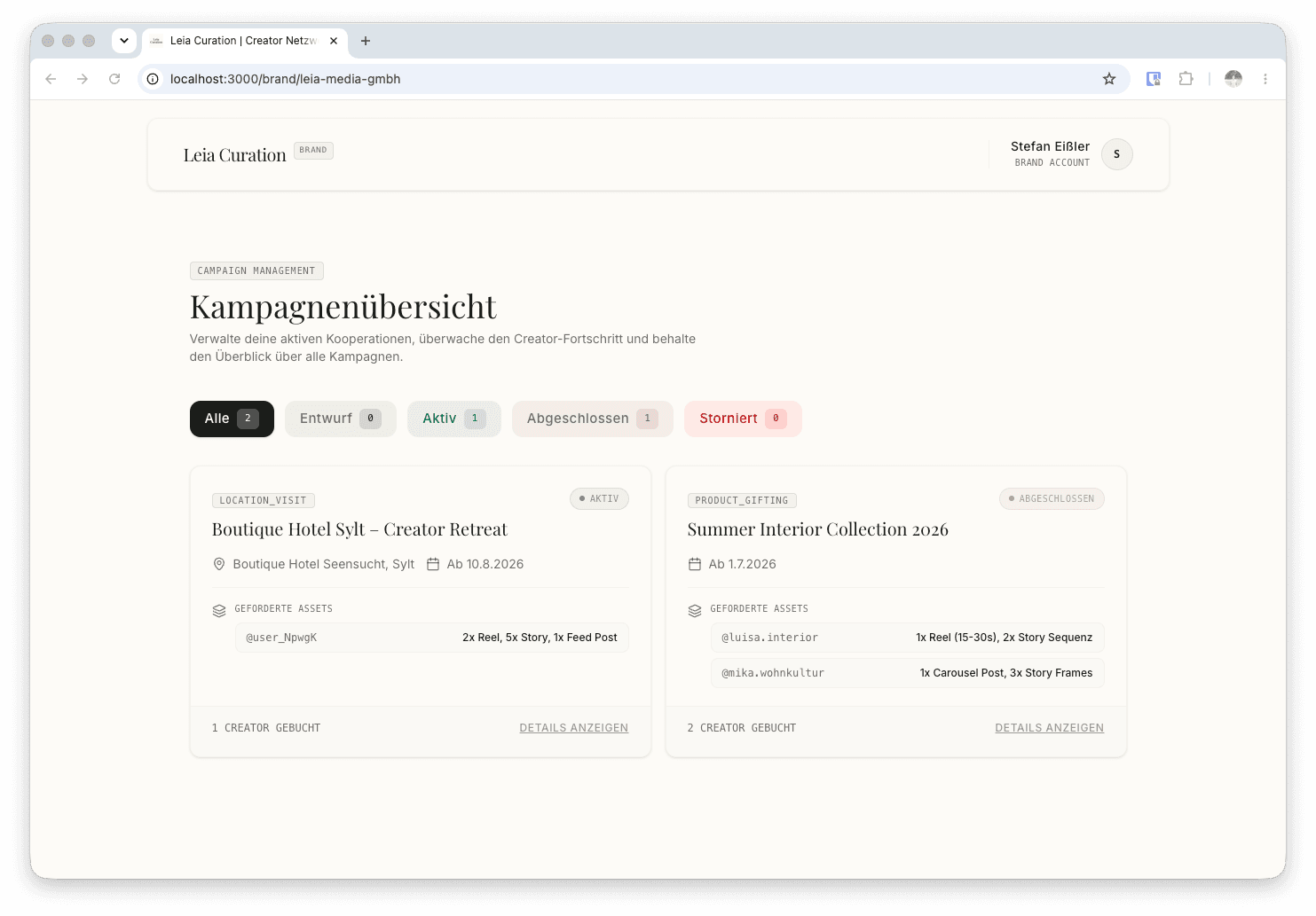 Dashboard Kampagnenübersicht